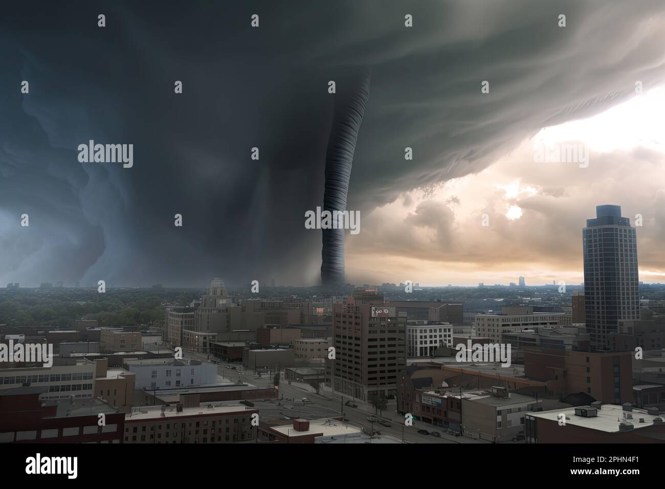 Ein massiver Tornado, der durch eine Stadt wütet und Zerstörung und Chaos hinterlässt. Naturkatastrophe Stockfoto