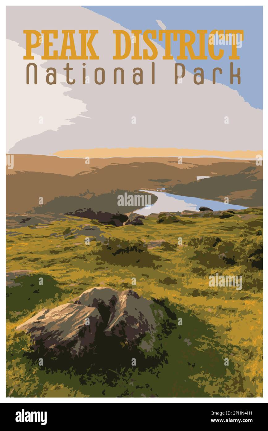 Nostalgisches Retro-Reiseposter des Peak District National Park, England, Großbritannien im Stil von Work Projects Administration. Stock Vektor