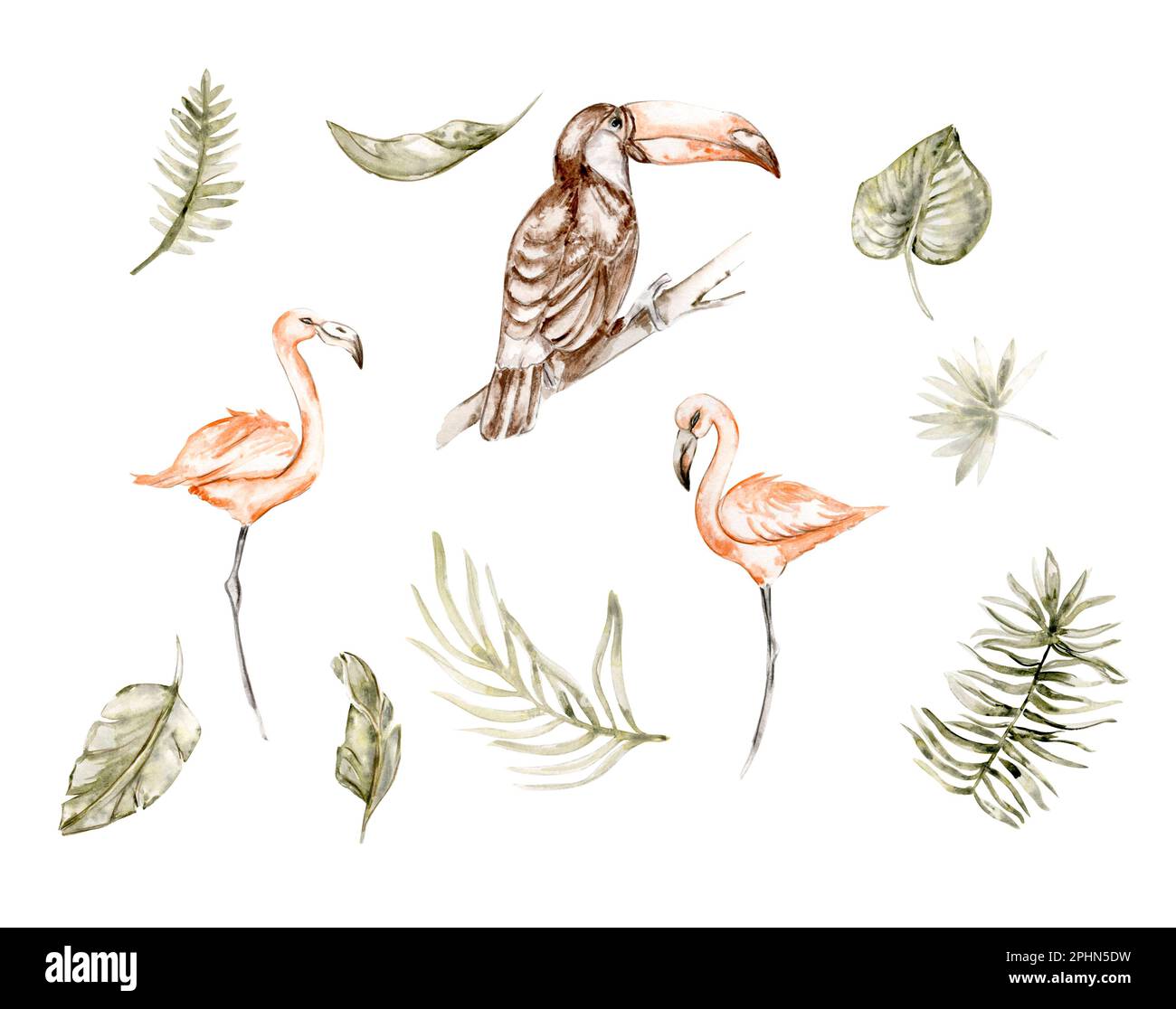 Von Hand gemalte Aquarelle von den Dschungeltieren und eine Palmenbrust auf weißem Hintergrund. Perfekt zum Dekorieren von Kinderkrippen, Stockfoto