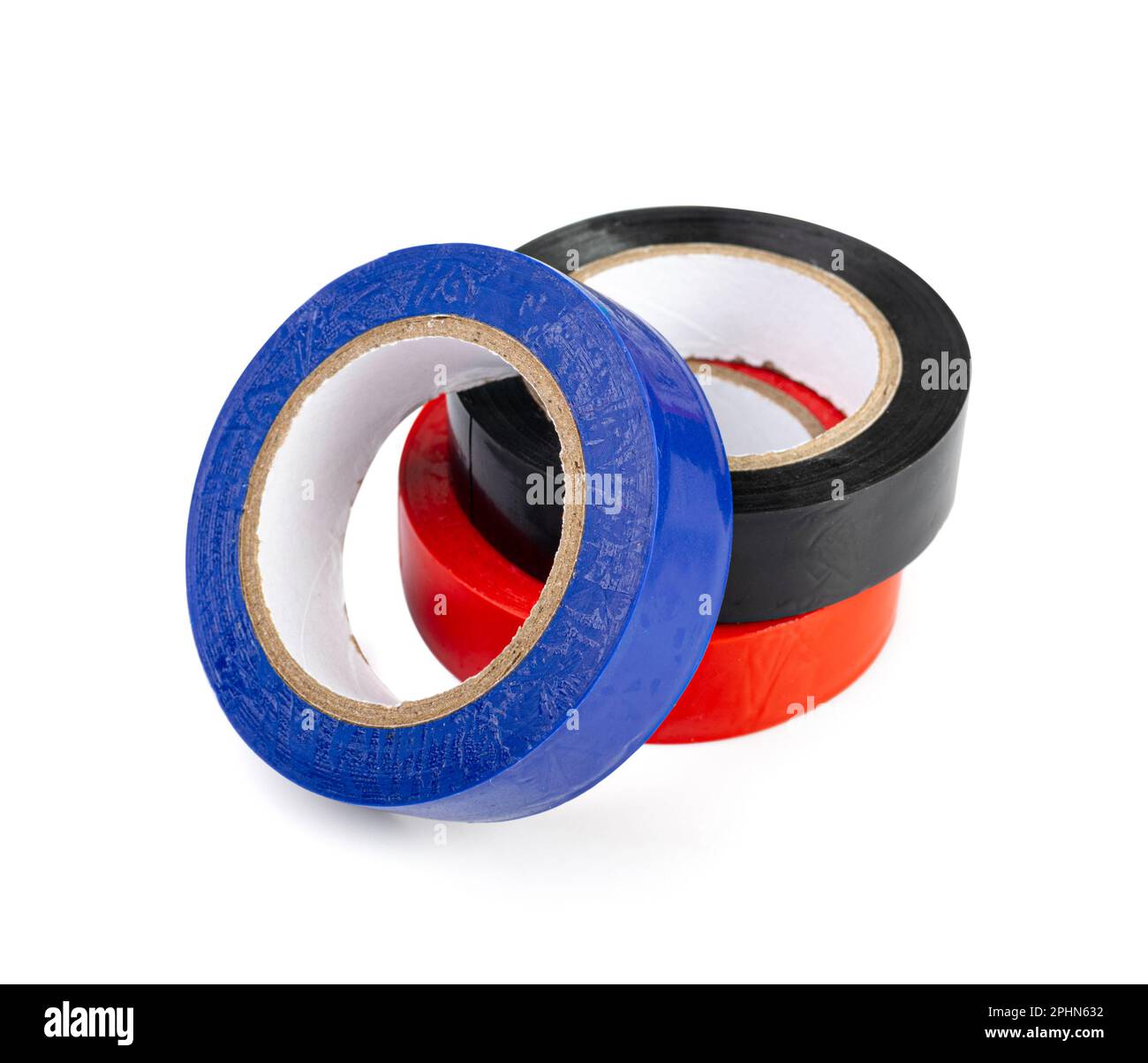 Blaues rotes Isolierband, Kunststoffrollen für Klebebänder, farbige Klebebänder auf weißem Hintergrund Stockfoto