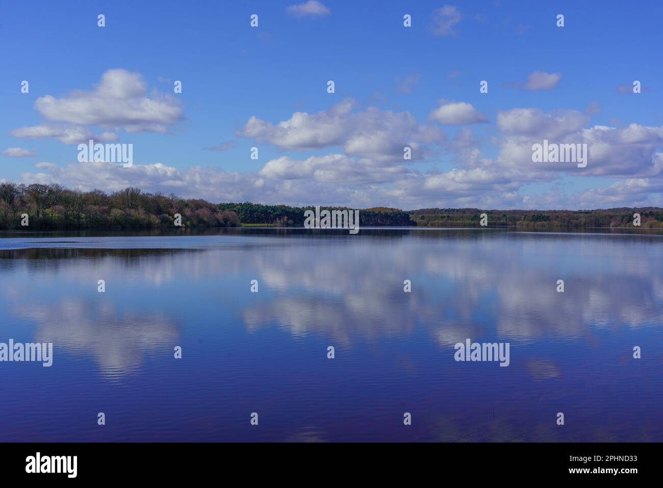 Ruhiges Wasser am Eccup Reservoir in Leeds, West Yorkshire, England, mit spiegelähnlichen Reflexionen des blauen Himmels und der weißen und grauen Wolken. Stockfoto