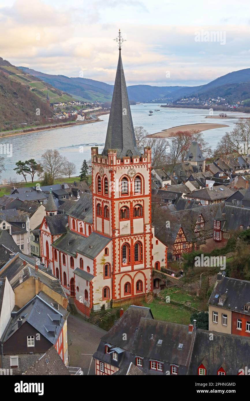 Peterskirche aus dem Postenturm, Bacharach, Bacharach am Rhein, Mainz-Bingen, Rheinland-Pfalz, Deutschland 55422 Stockfoto