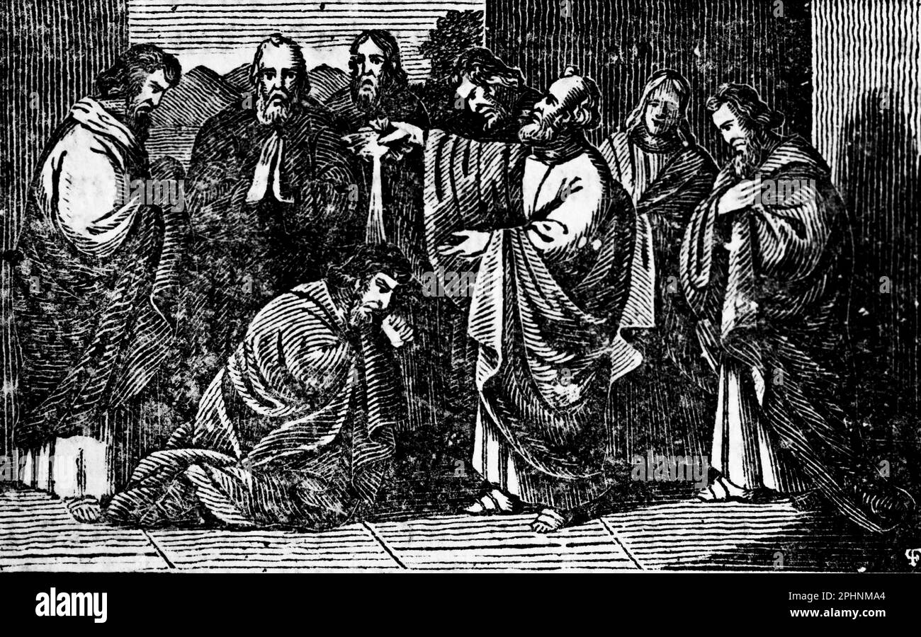 Apostel Peter wandelt tausend Seelen in die Christenheit in Jerusalem, die Apostel, das Neue Testament, die bibel 1831, historische Illustration Stockfoto