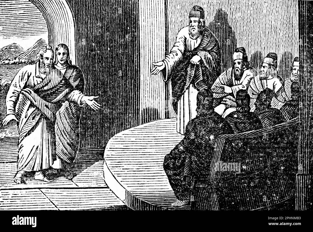 Peter und John verteidigen sich gegen die Anschuldigung des jüdischen Hohen rates, der Apostel, des Neuen Testaments, der bibel 1831, der historischen Illustration Stockfoto