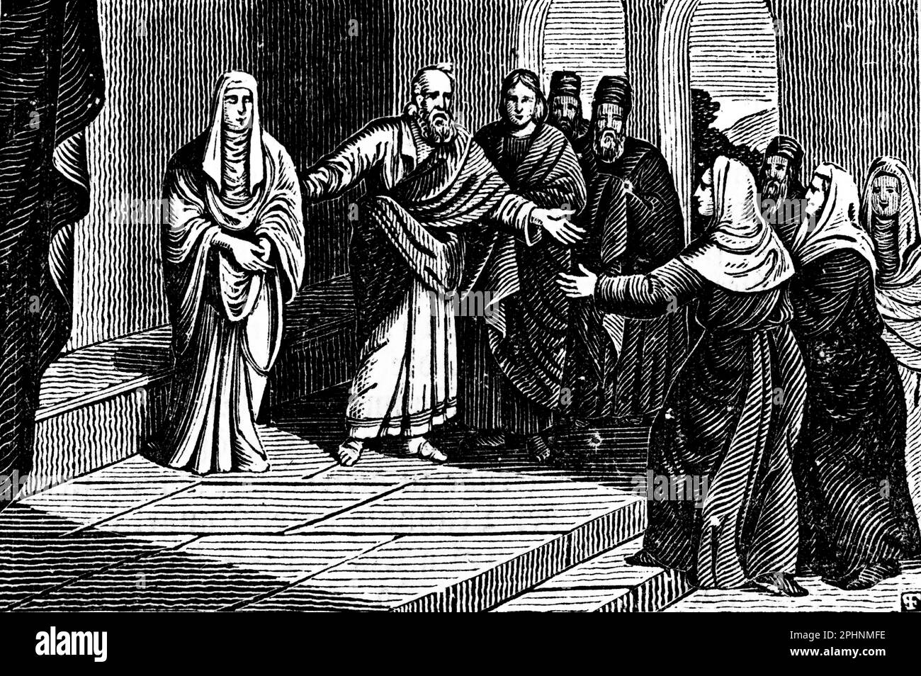 Aeneas wird von Petrus geheilt und Tabitha wird von den Toten auferstanden und zu den Jüngern geführt, Akt 9:36, Apostel, Neues Testament, bibel 1831, Illustration Stockfoto