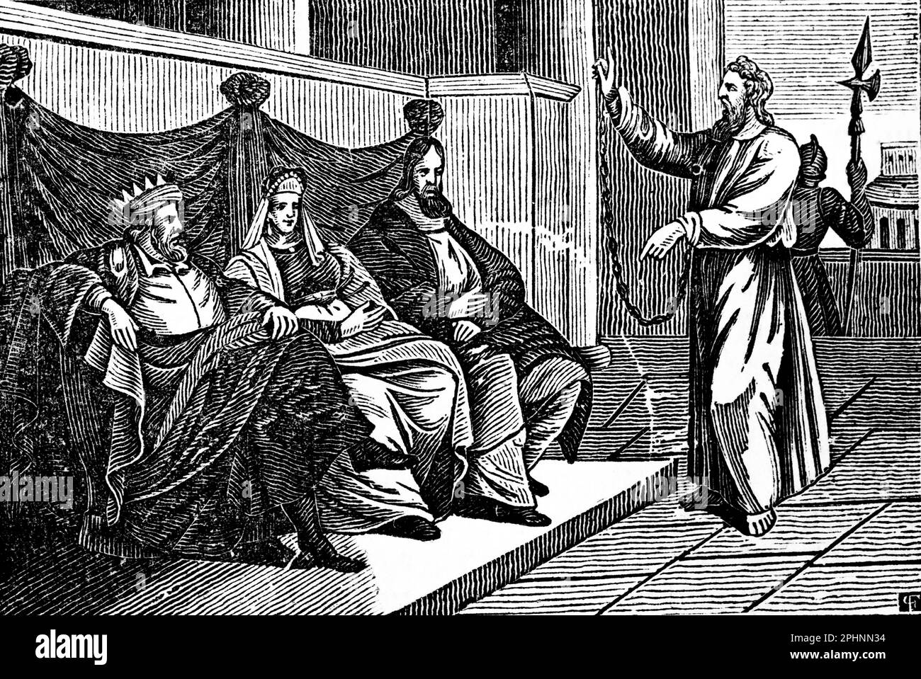 Der Angeklagte Paulus verteidigt sich vor König Agrippa und Festus, den Aposteln, dem Neuen Testament, der bibel 1831, der historischen Illustration Stockfoto