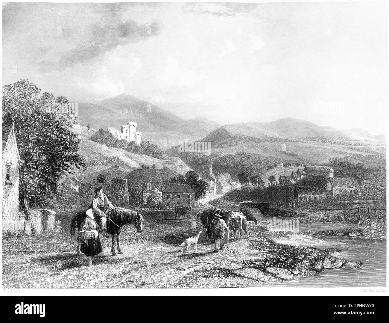 Eine Gravur von Castle Campbell aus dem Valley of Dollar, Perthshire, Schottland, Großbritannien, gescannt mit hoher Auflösung aus einem 1840 gedruckten Buch. Dieses Bild Stockfoto