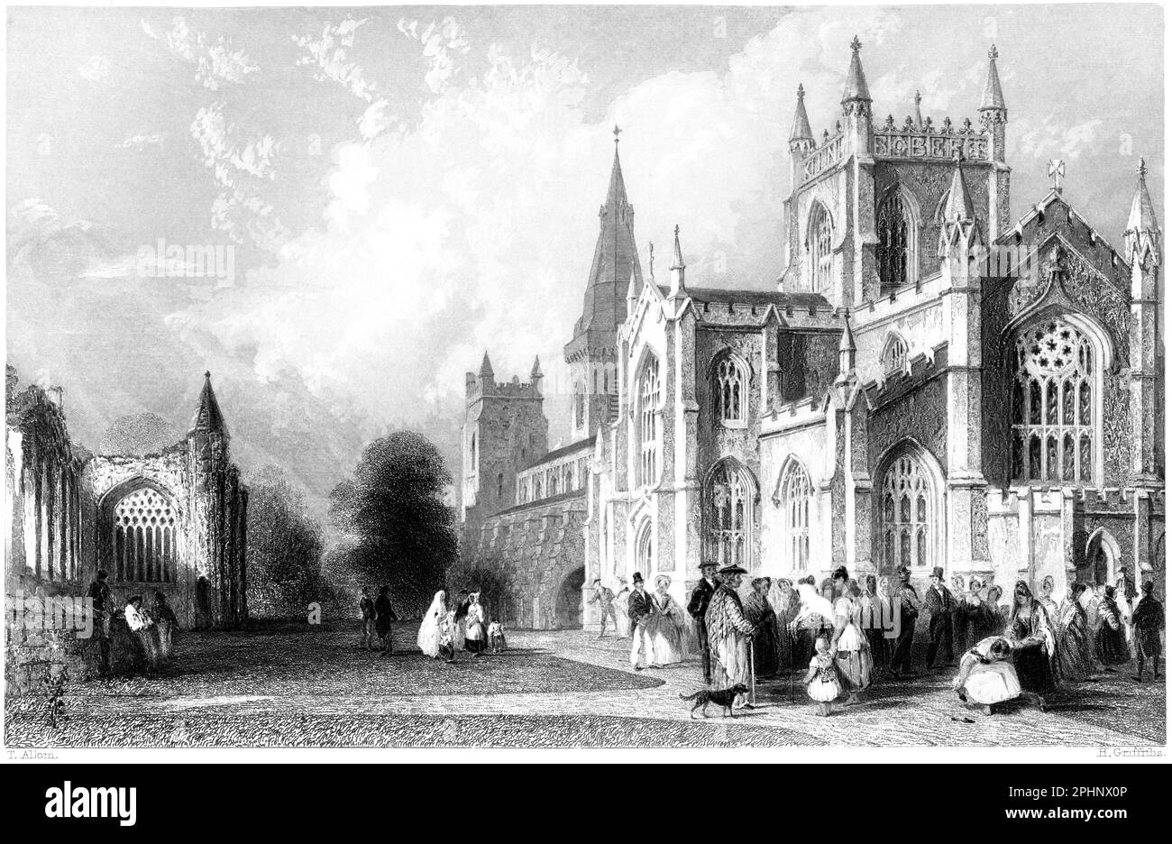 Eine Gravur von The New Church and Abbey, Dunfermline, Fifeshire, Schottland, UK, gescannt mit hoher Auflösung aus einem 1840 gedruckten Buch. Stockfoto