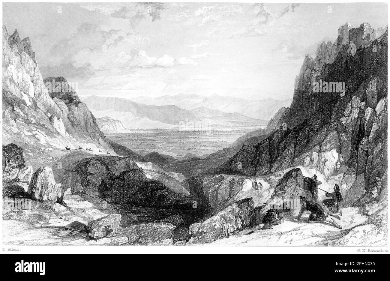 Eine Gravur des Passes von Cairn Gorm in Richtung Aviemore, Inverness-shire, Schottland, Großbritannien, gescannt mit hoher Auflösung aus einem 1840 gedruckten Buch. Stockfoto