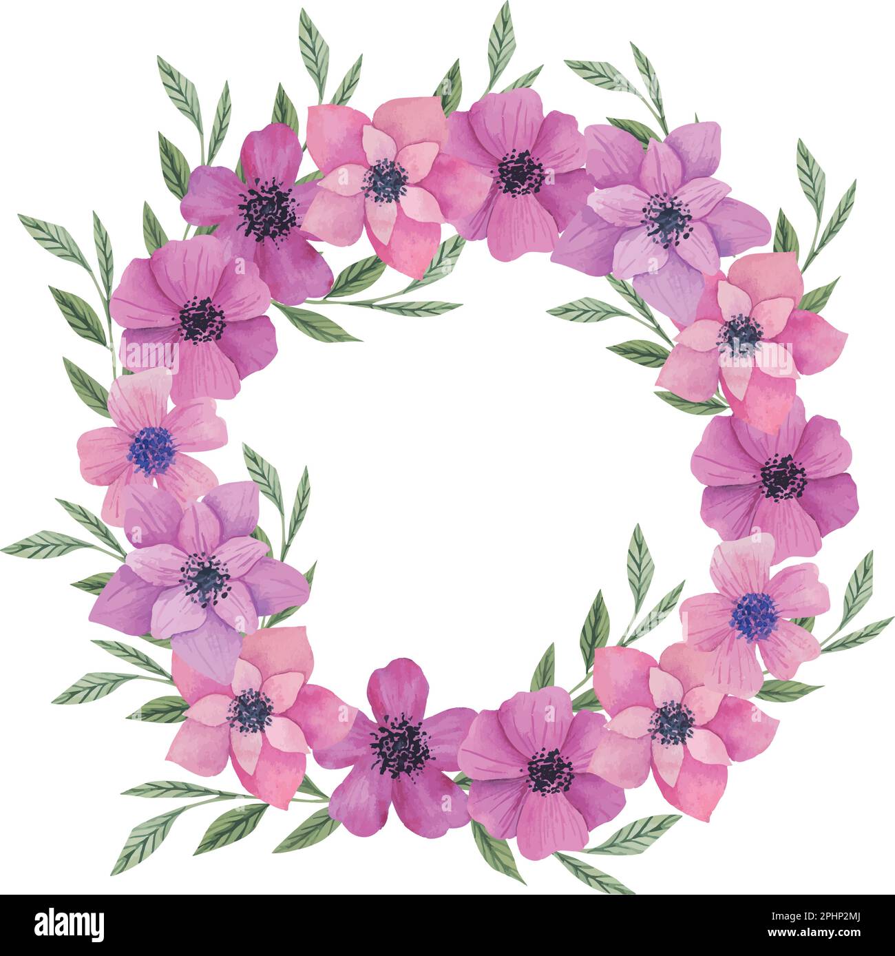 Vektorfarbe Blumenrahmen mit Anemonen, Blumen und Blättern, handgezeichnete Schablone Stock Vektor