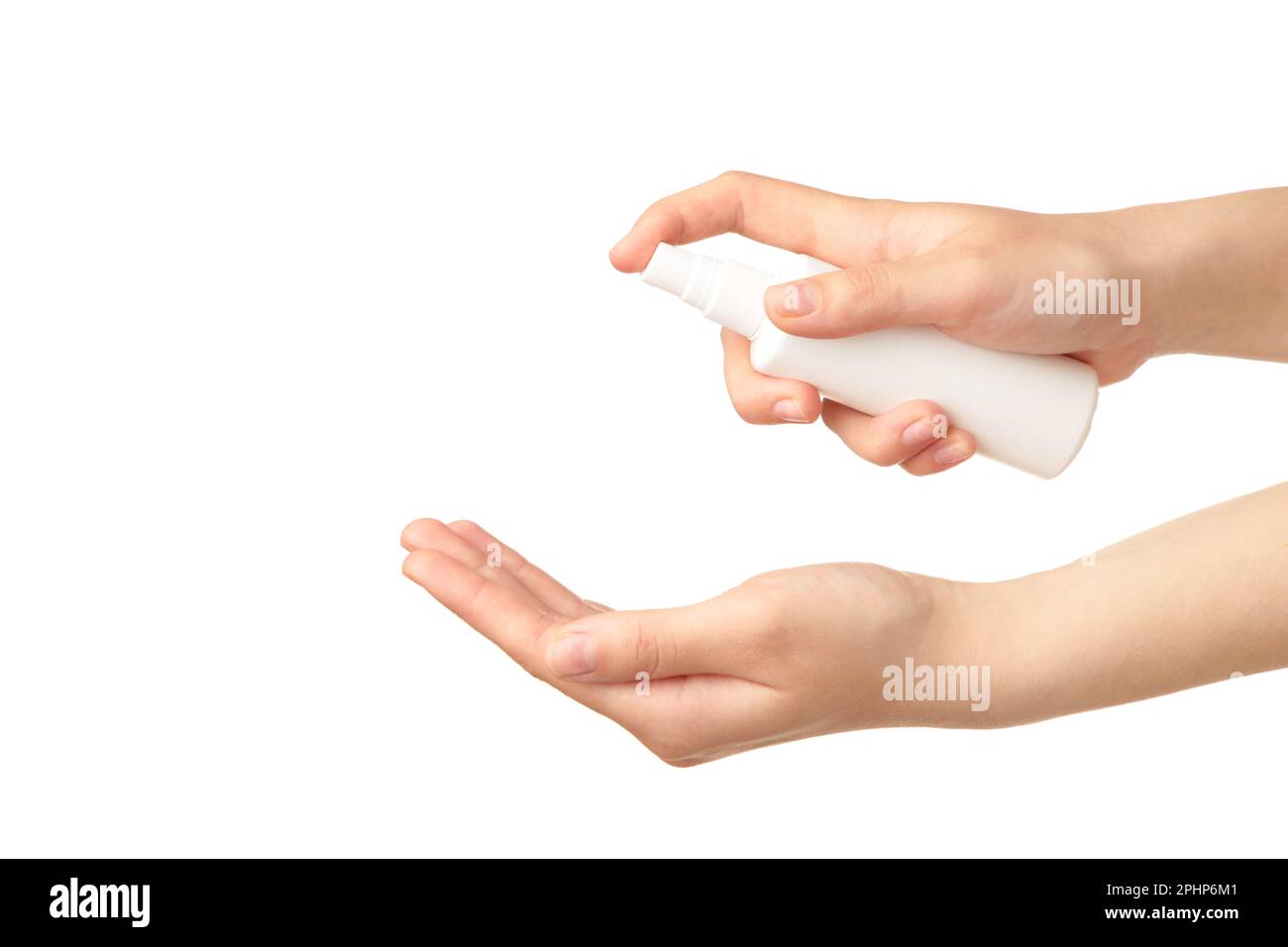 Menschliche Hände verwenden antiseptisches Spray isoliert auf weißem Hintergrund. Covid 19, Draufsicht Stockfoto