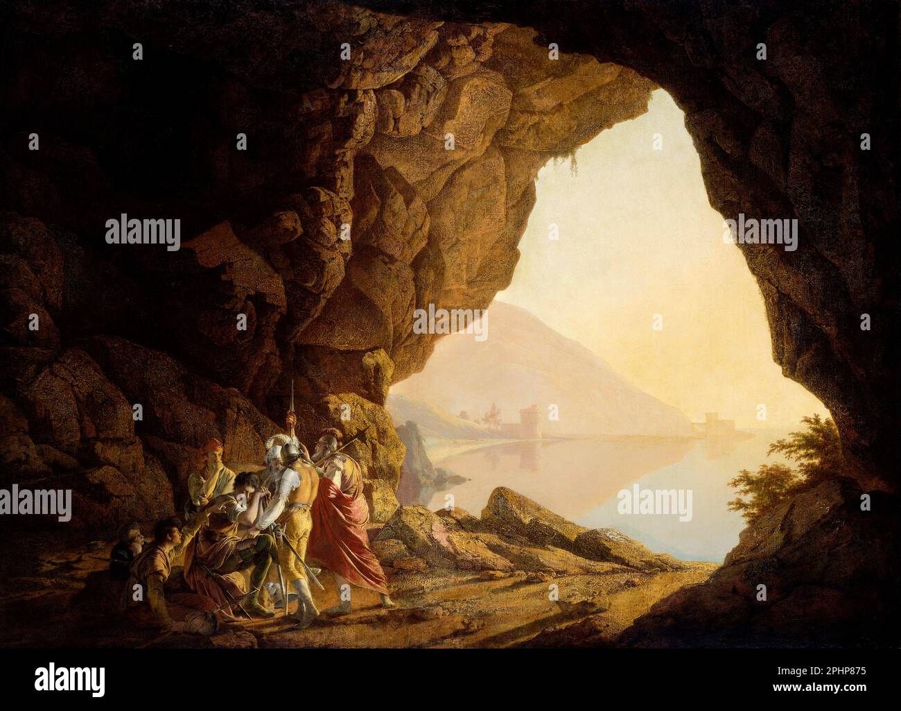 Grotte an der Küste im Königreich Neapel mit Banditti, Sonnenuntergang bei Tageslicht von Joseph Wright von Derby (1734-1797), Öl auf Leinwand, 1778 Stockfoto