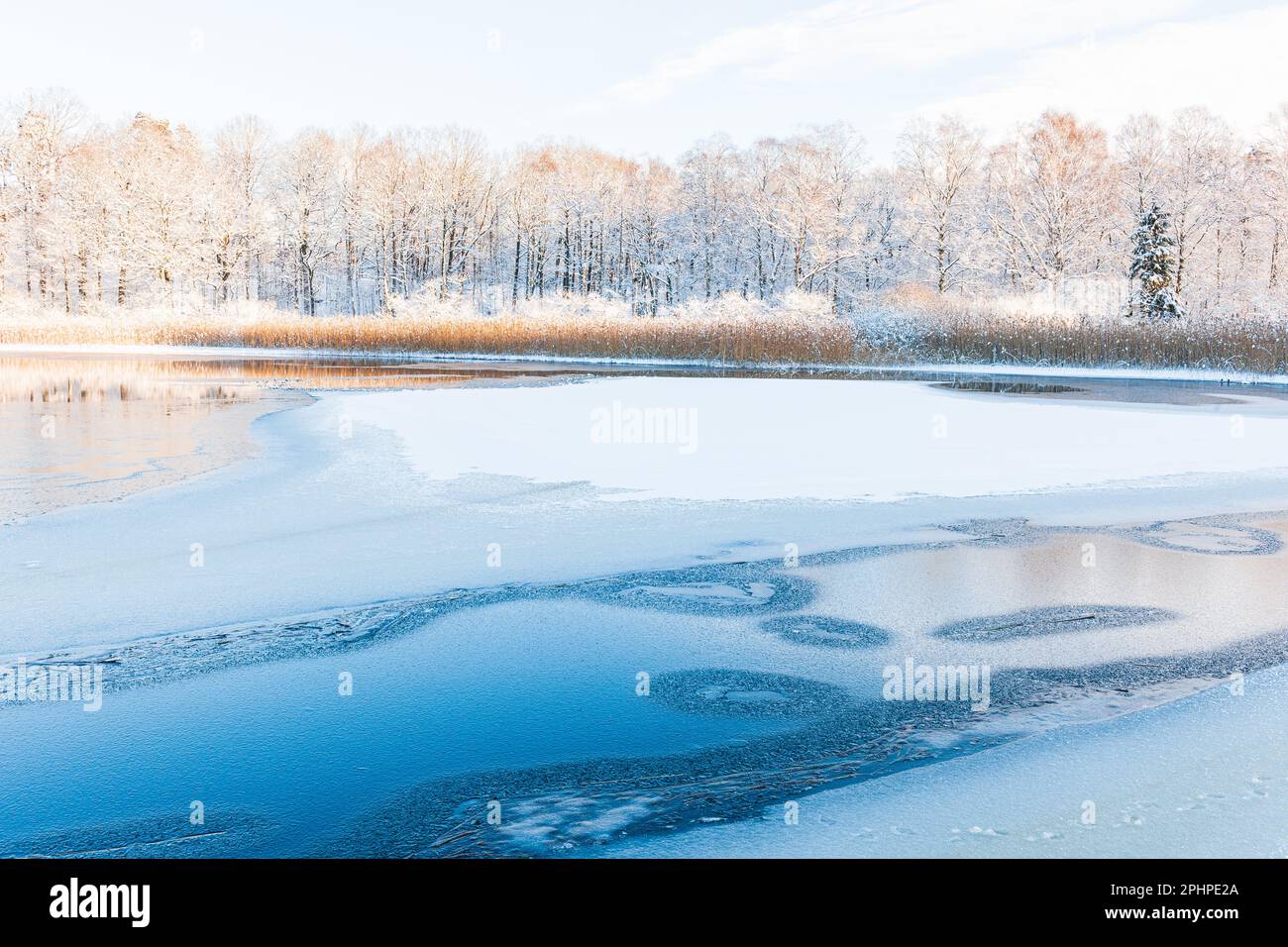 Eine ruhige Winterszene eines gefrorenen Flusses in Schweden, bedeckt von Schnee und Frost. Eine atemberaubende Erinnerung an die Schönheit der Natur bei kalten Temperaturen. Stockfoto