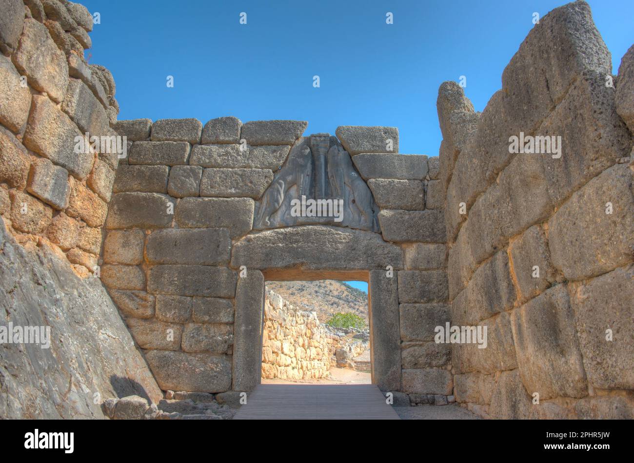 Löwentor von Mykene an der archäologischen Stätte Mykene in Griechenland. Stockfoto