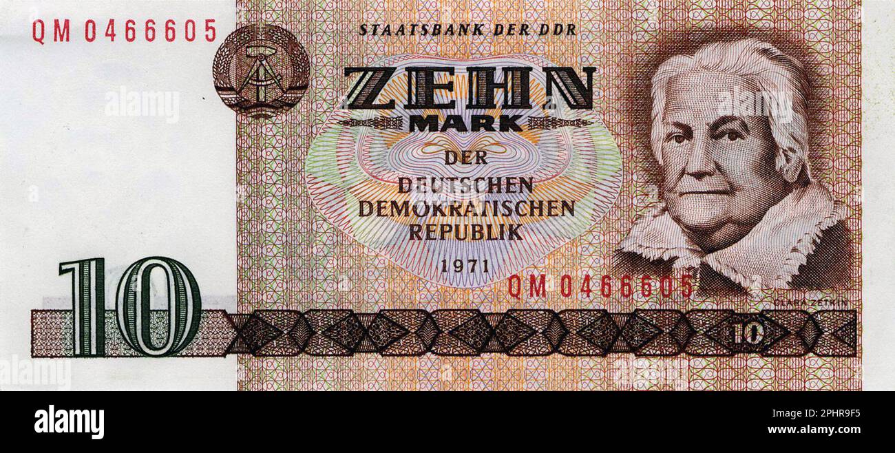 DDR 10 Mark (DDR-Mark) mit Clara Zetkin Stockfoto