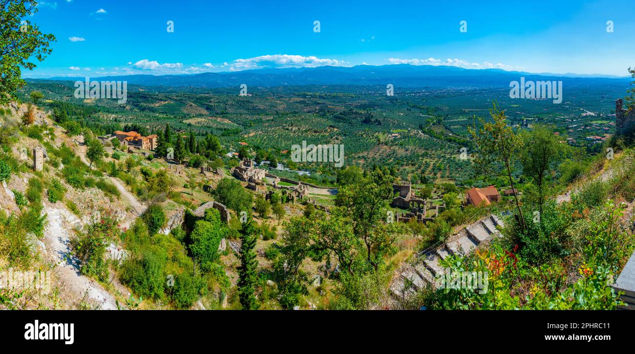 Blick auf die archäologische Stätte Mystras in Griechenland. Stockfoto