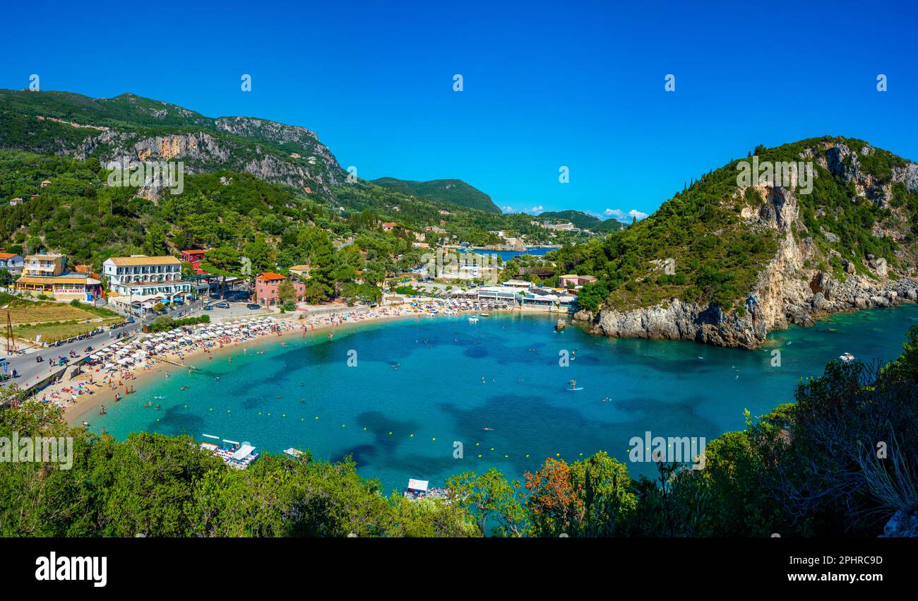 Luftaufnahme des Agios Spiridon Beach auf Korfu, Griechenland. Stockfoto