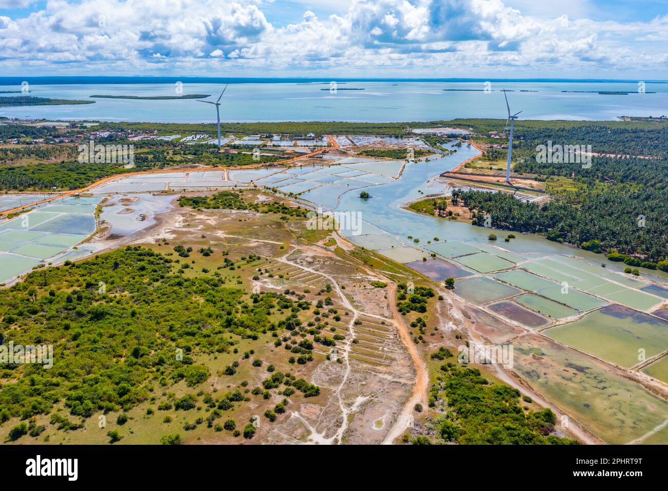 Luftaufnahme der von Windkraftturbinen überblickten landwirtschaftlichen Felder in Kalpitiya in Sri Lanka. Stockfoto