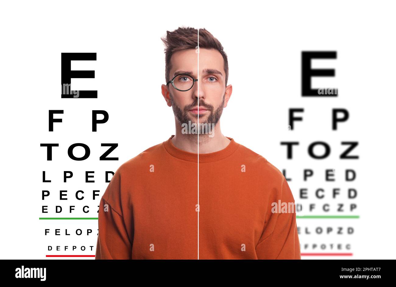 Collage mit Fotos von Männern mit und ohne Brille und Augendiagrammen auf weißem Hintergrund. Sehschärfeprüfung Stockfoto
