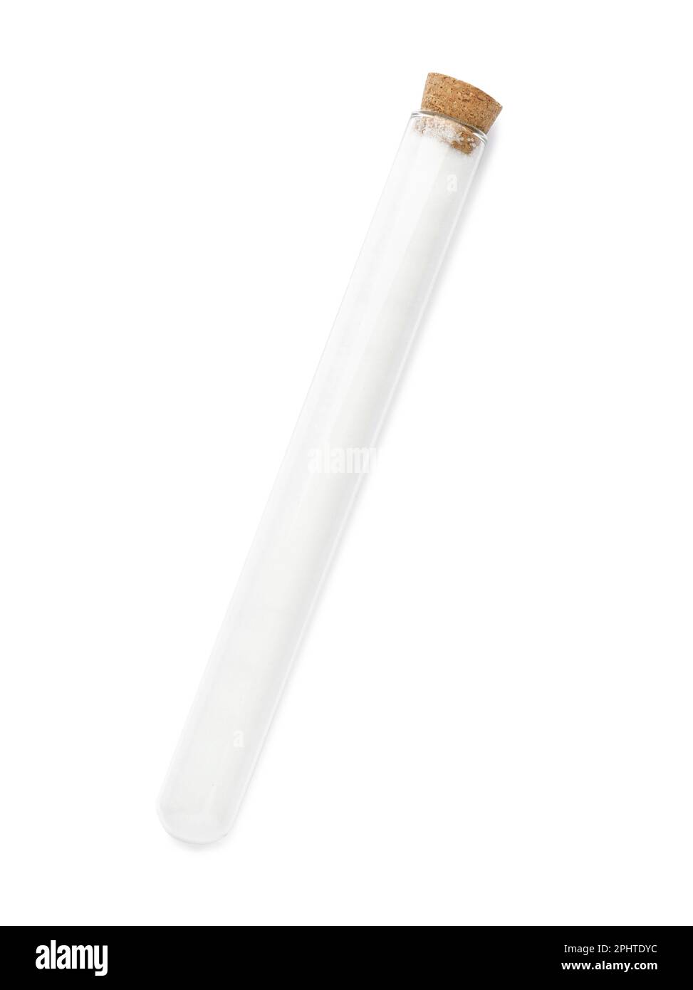 Glasröhrchen mit Salz auf weißem Hintergrund, Draufsicht Stockfoto