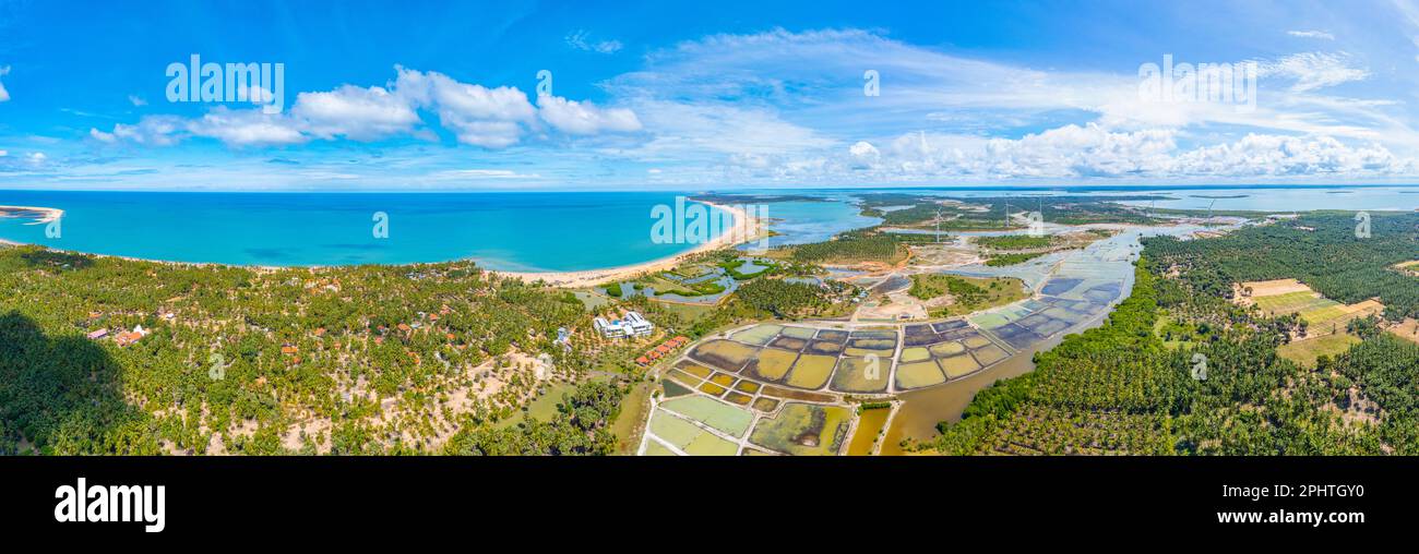Luftaufnahme der von Windkraftturbinen überblickten landwirtschaftlichen Felder in Kalpitiya in Sri Lanka. Stockfoto