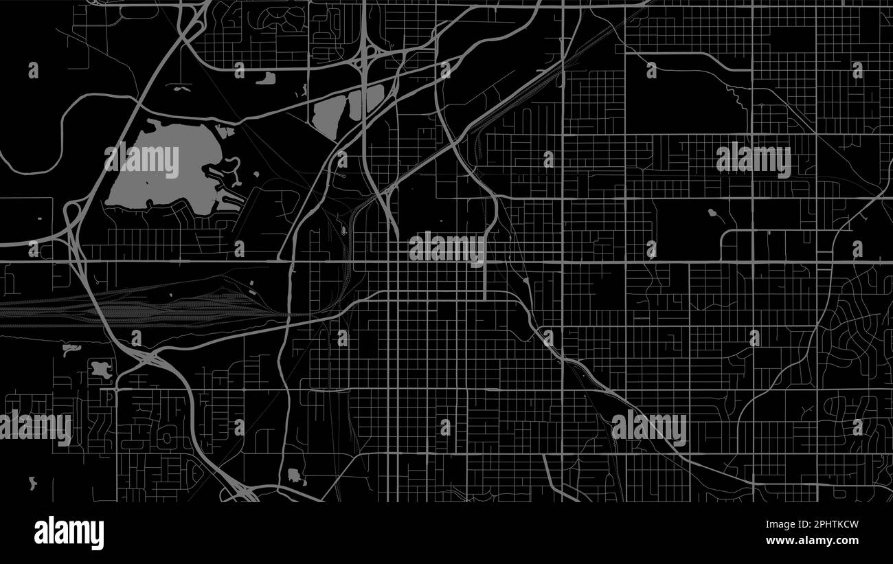 Hintergrund Lincoln Karte, Nebraska, schwarzes Stadtposter. Vektorkarte mit Straßen und Wasser. Breitbildformat, Roadmap für digitales Flachdesign. Stock Vektor