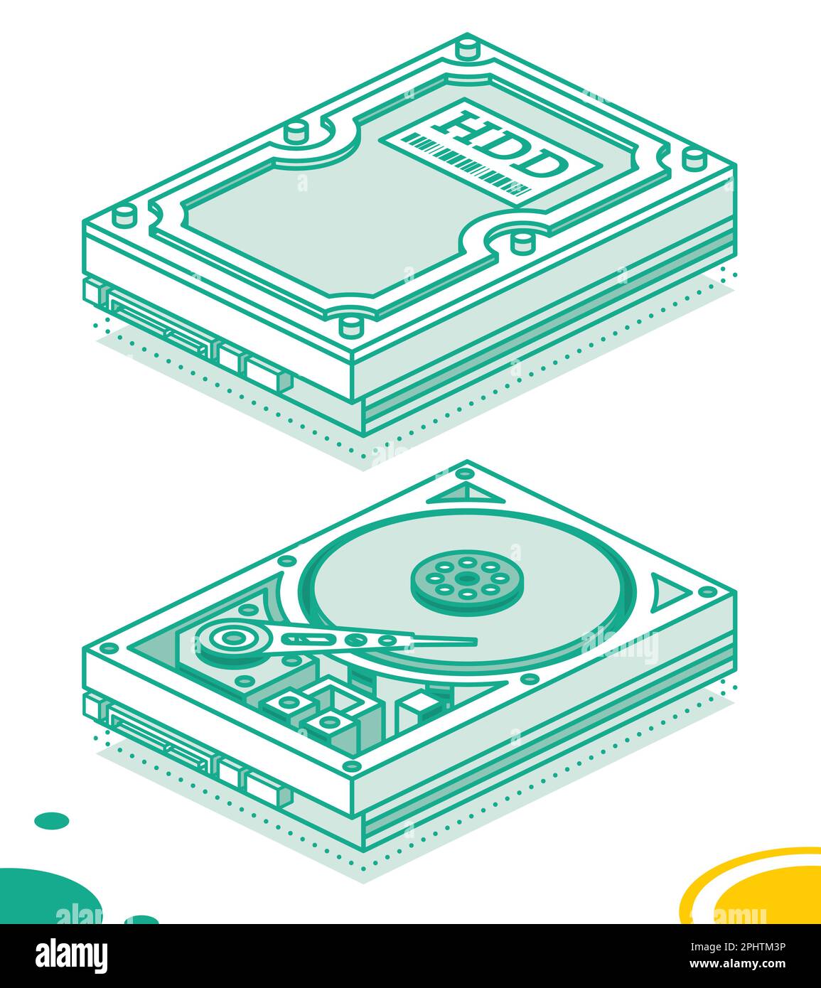 Festplattenlaufwerk. Isometrische Kontur Konzept. Hochdetaillierte offene Festplatte. Isolierte Objekte. Vektordarstellung. Stock Vektor