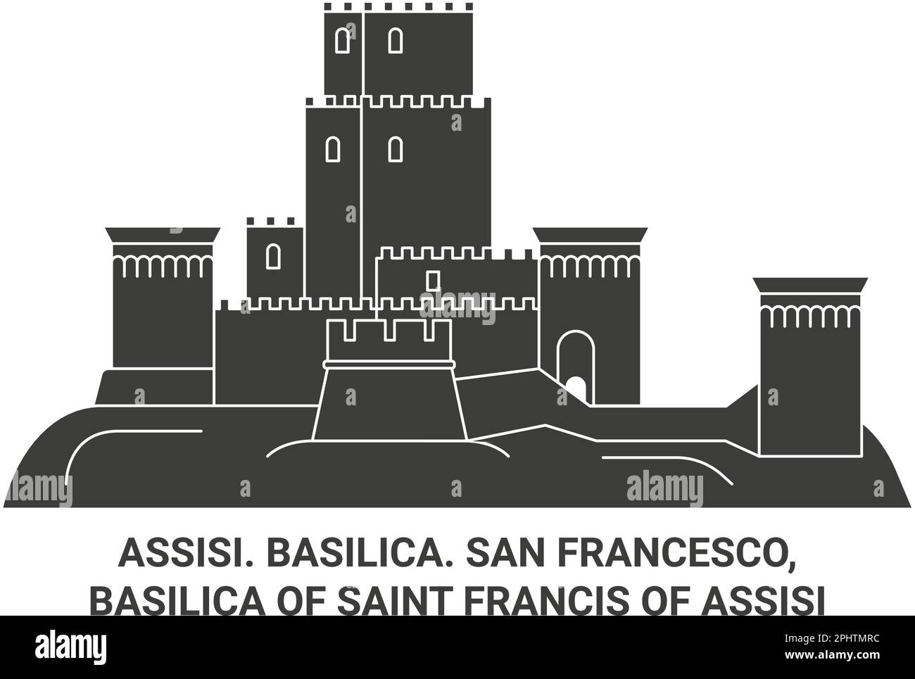 Italien, Assisi. Basilika. San Francesco, Basilika des Heiligen Franziskus von Assisi Reise-Wahrzeichen-Vektordarstellung Stock Vektor
