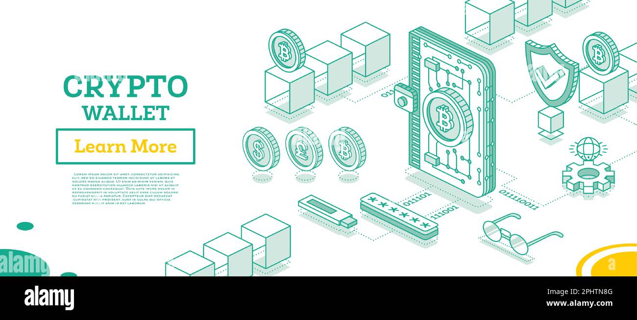 Isometrisches Crypto Wallet mit Blockchain verbunden. Kryptowährungsindustrie. Grundkonzept der Blockchain-Technologie mit Cubes. Vektordarstellung. Stock Vektor