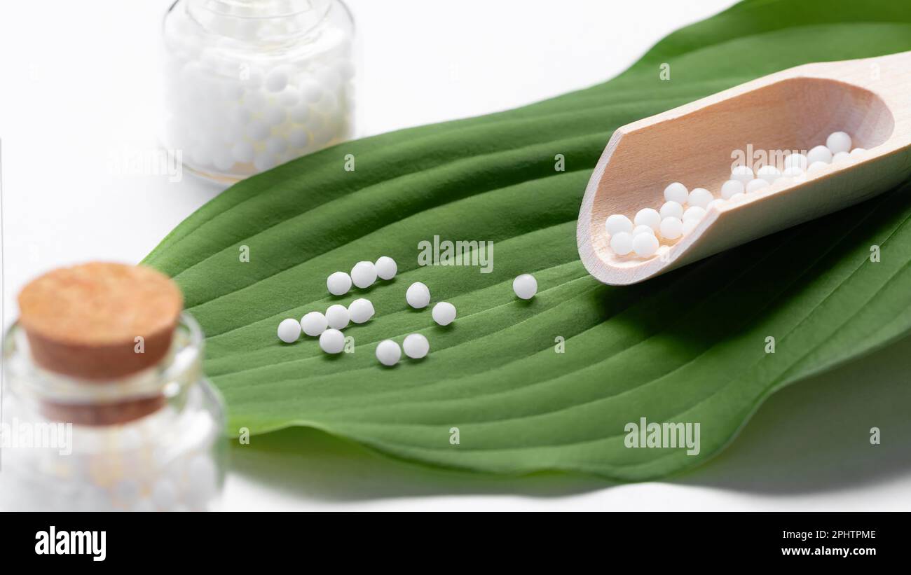 Homöopathische Pillen aus einer Holzschaufel auf einem grünen Blatt. Stockfoto