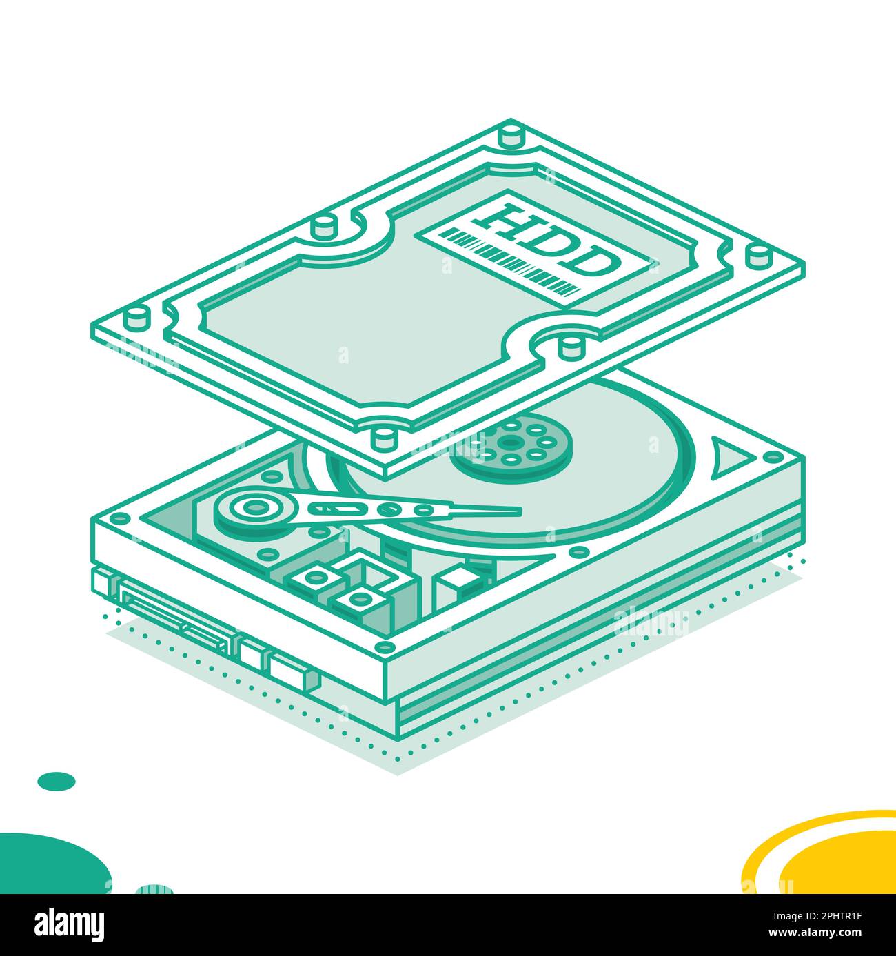 Festplattenlaufwerk. Isometrische Kontur Konzept. Hochdetaillierte offene Festplatte. Isolierte Objekte. Vektordarstellung. Stock Vektor
