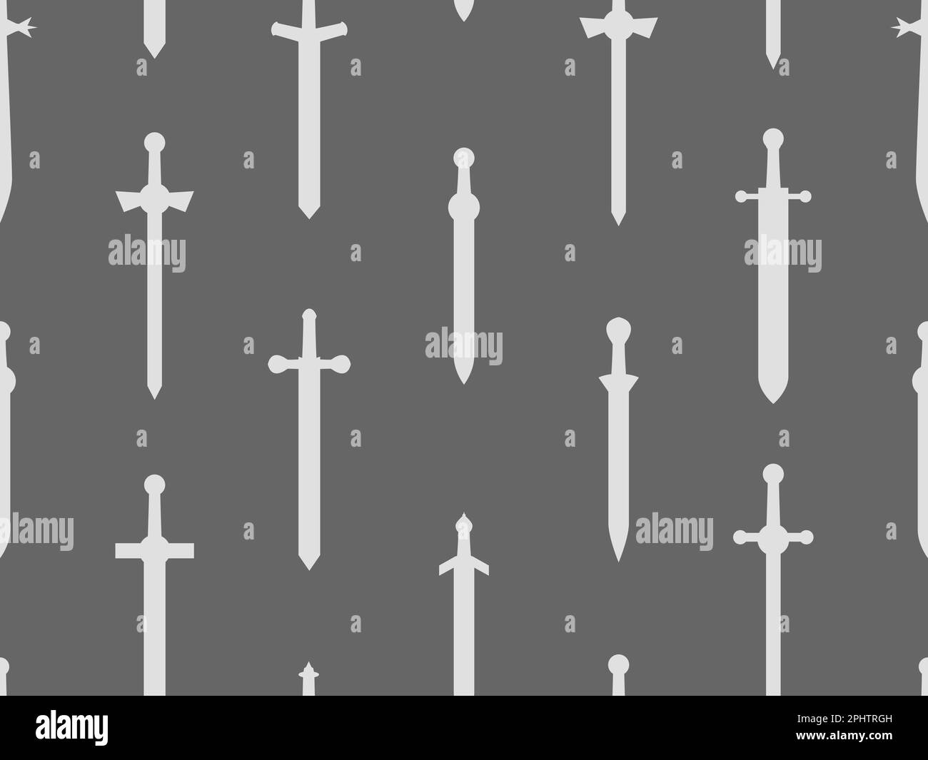 Geschwungene Schwerter, nahtloses Muster. Schwerter-Silhouetten. Waffen des Römischen Reiches, Gladius. Design von Schwertern für Poster, Banner und Werbeartikel. Stock Vektor