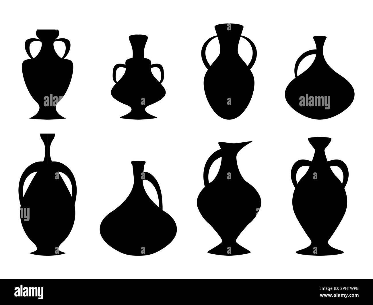 Schwarze Amphoren, isoliert auf weißem Hintergrund. Amphora-Silhouetten. Alte griechische Gläser und Amphoren. Design von Amphoren für Poster, Banner und Abschlussball Stock Vektor