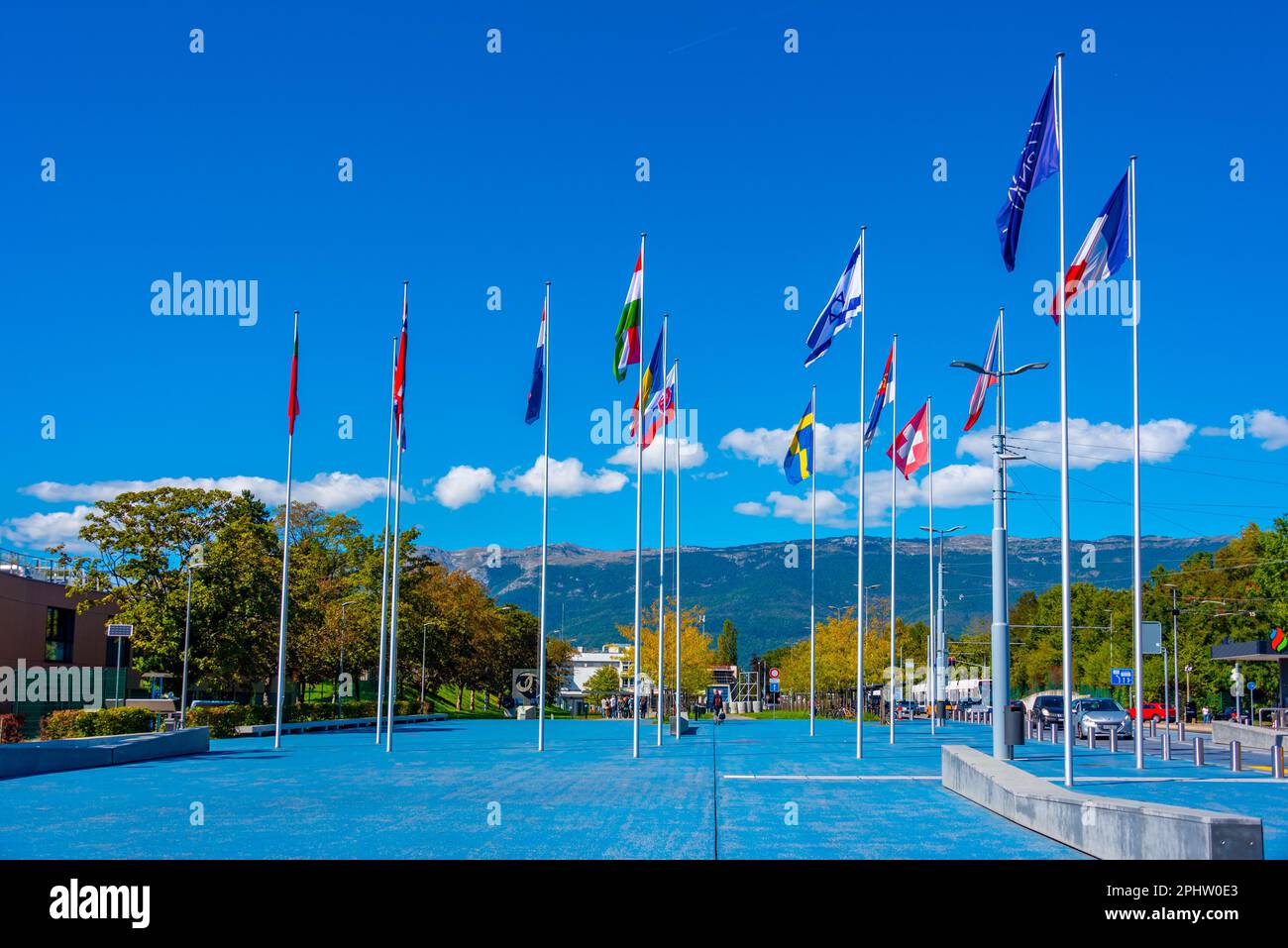 Esplanade des Participules beim CERN in der Schweiz. Stockfoto