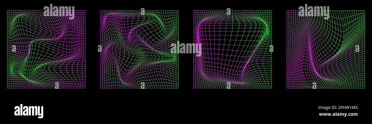 Verzerrtes Quadratisches Gitter, Neonmuster. Vektordarstellung Stock Vektor