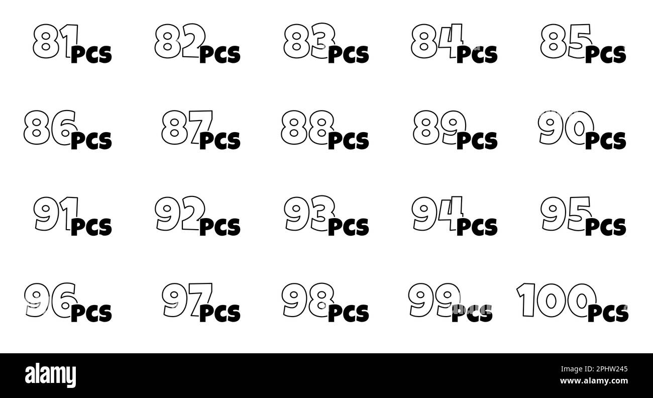 Anzahl der Packstücke im Packsatz. Von 81 bis 100 Stück Verpackungsetiketten. Aufeinanderfolgende Artikelaufkleber in der Produktverpackung. Symbole im Cartoon-Stil. Vektor-isolierte eps-Darstellung Stock Vektor