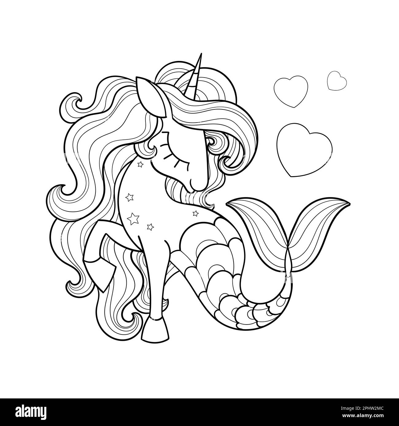 Seepferdchen-Einhorn mit Regenbogenmähne. Schwarzweiß-Linearzeichnung. Für die Gestaltung von Malbüchern, Abzügen, Postern, Aufklebern, Karten, Rätsel Stock Vektor