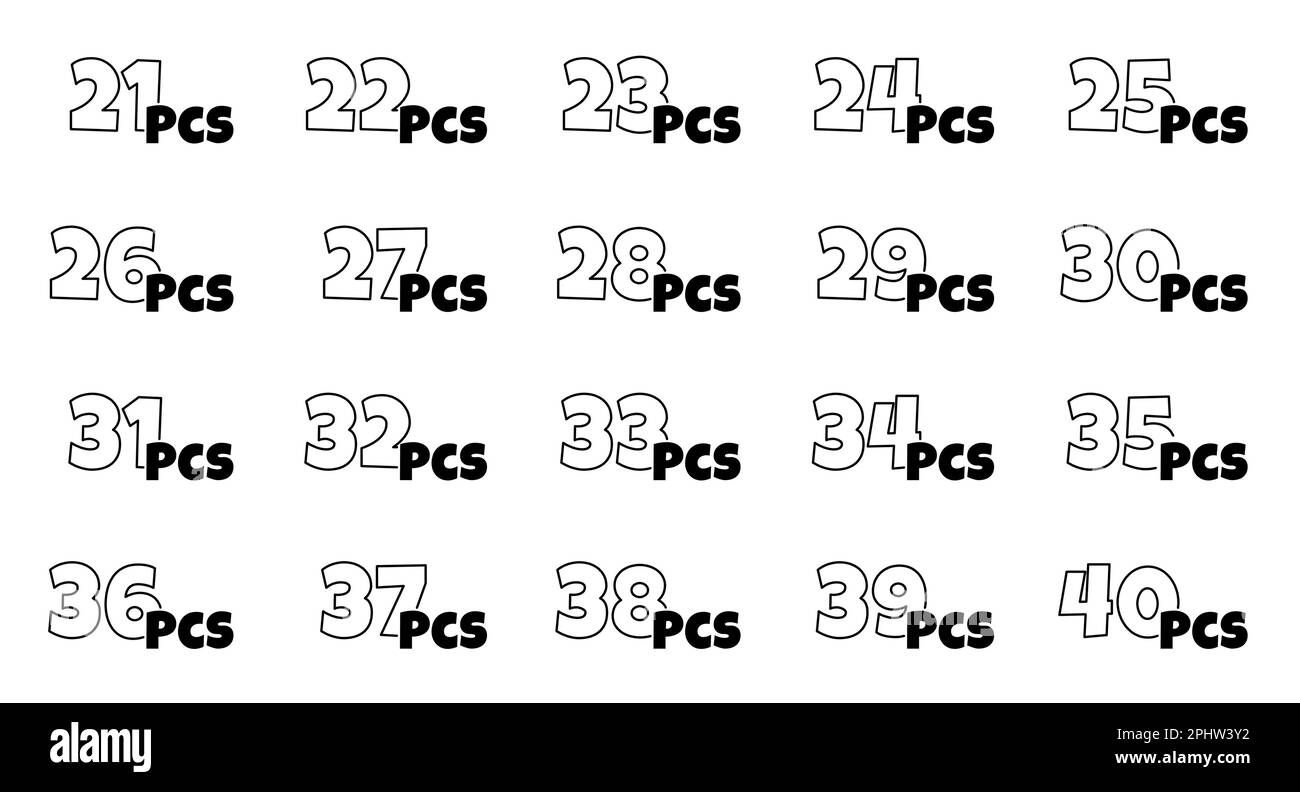 Anzahl der Packstücke im Packsatz. Von 21 bis 40 Stück Verpackungsetiketten. Aufeinanderfolgende Artikelaufkleber in der Produktverpackung. Symbole im Cartoon-Stil. Vektor-isolierte eps-Darstellung Stock Vektor