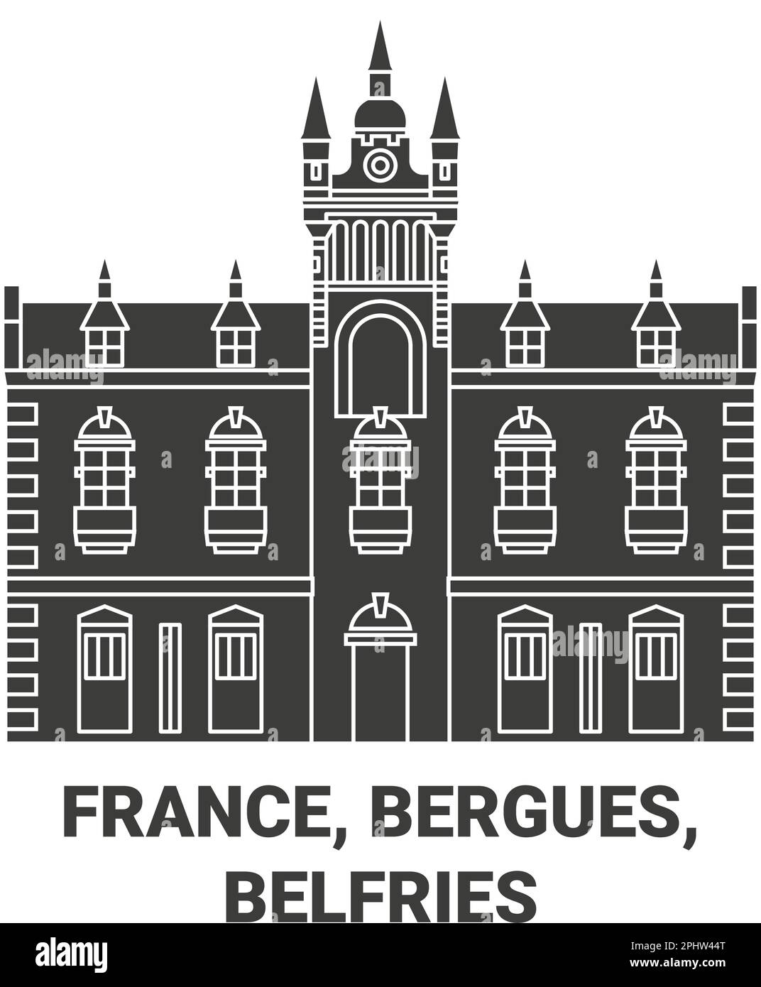 Frankreich, Bergues, Belfries, Reise-Wahrzeichen-Vektordarstellung Stock Vektor