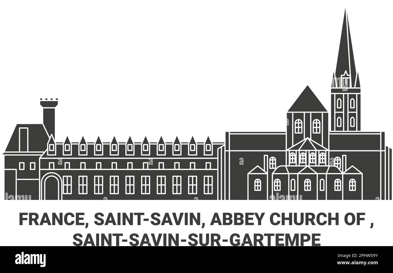Frankreich, Saintsavin, Abteikirche von , Saintsavinsurgartempe Reise-Wahrzeichen Vektordarstellung Stock Vektor