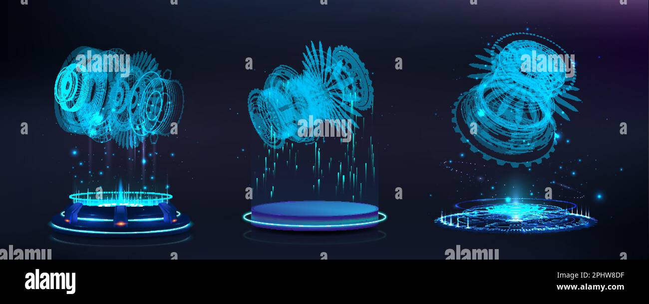 Mechanismen auf futuristischen Laufstegen Hologrammen, 3D Blueprint-Hologramm Stock Vektor