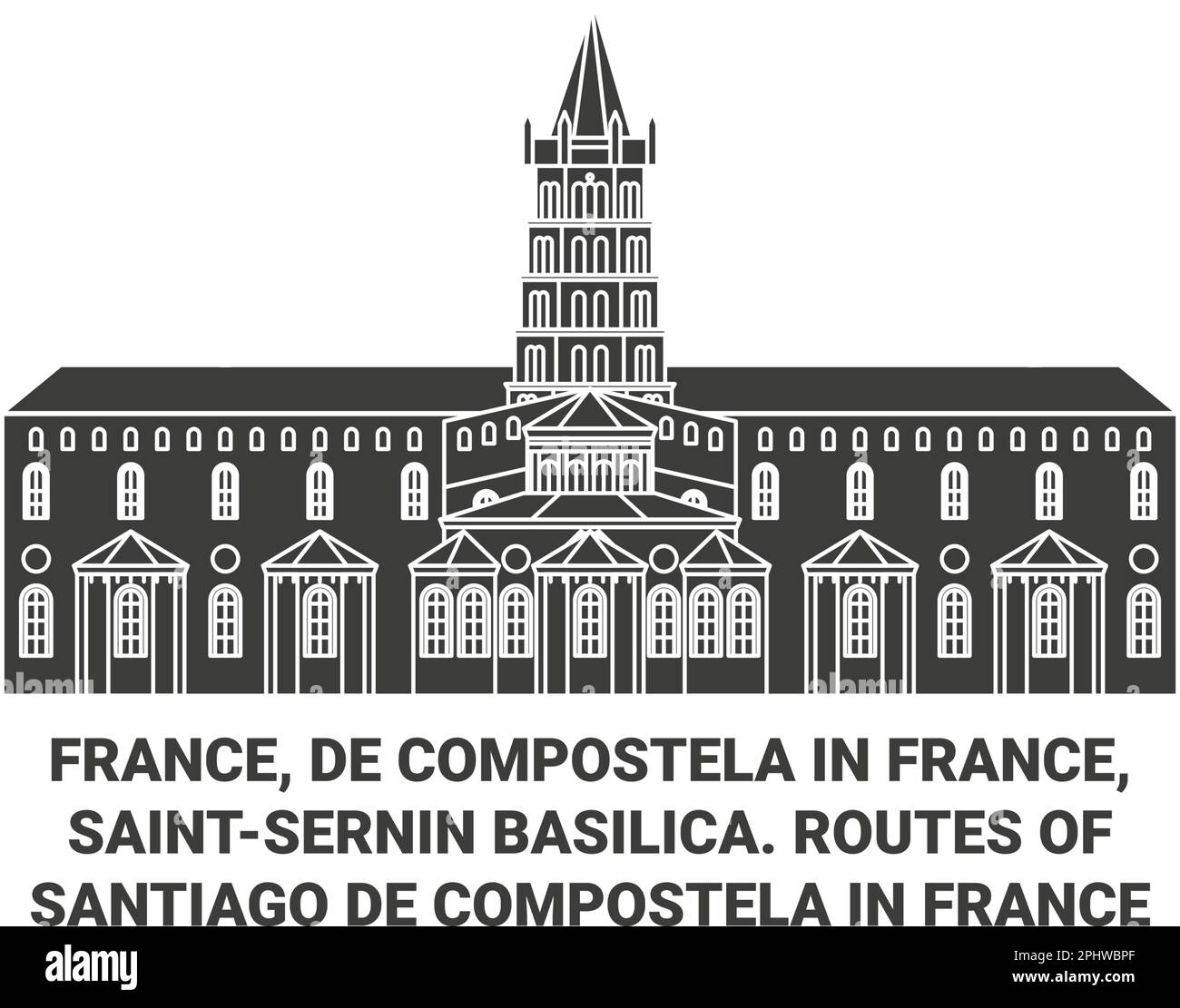 Frankreich, De Compostela In Frankreich, Basilika Saintsernin. Routen von Santiago De Compostela in Frankreich reisen als Vektordarstellung Stock Vektor