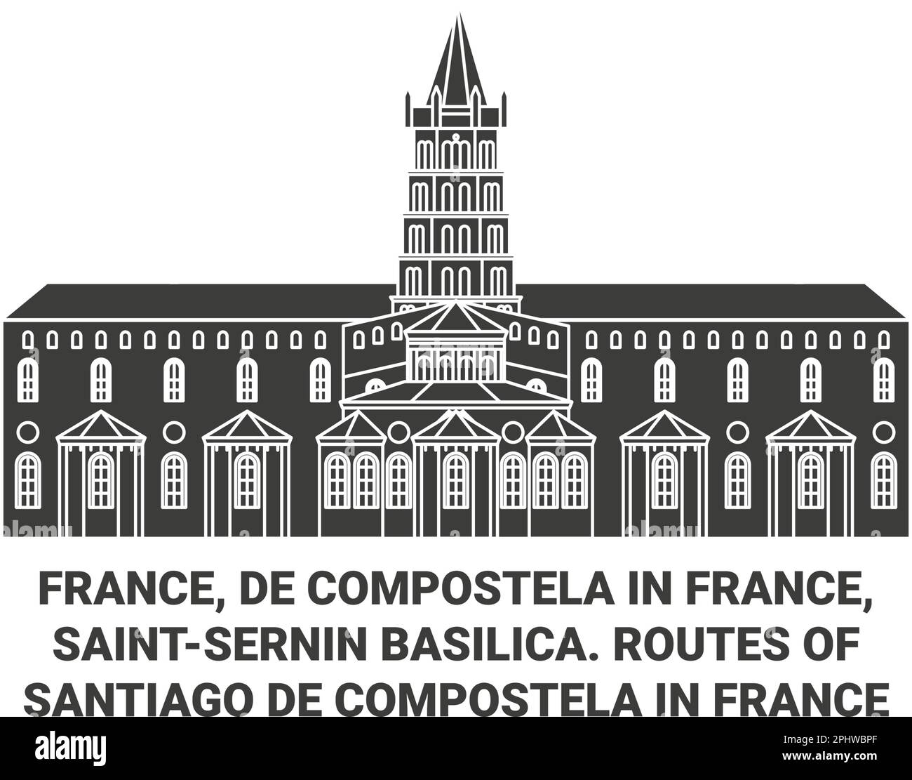 Frankreich, De Compostela In Frankreich, Basilika Saintsernin. Routen von Santiago De Compostela in Frankreich reisen als Vektordarstellung Stock Vektor Frankreich, De Compostela In Frankreich, Basilika Saintsernin. Routen von Santiago De Compostela in Frankreich reisen als Vektordarstellung Stock Vektor