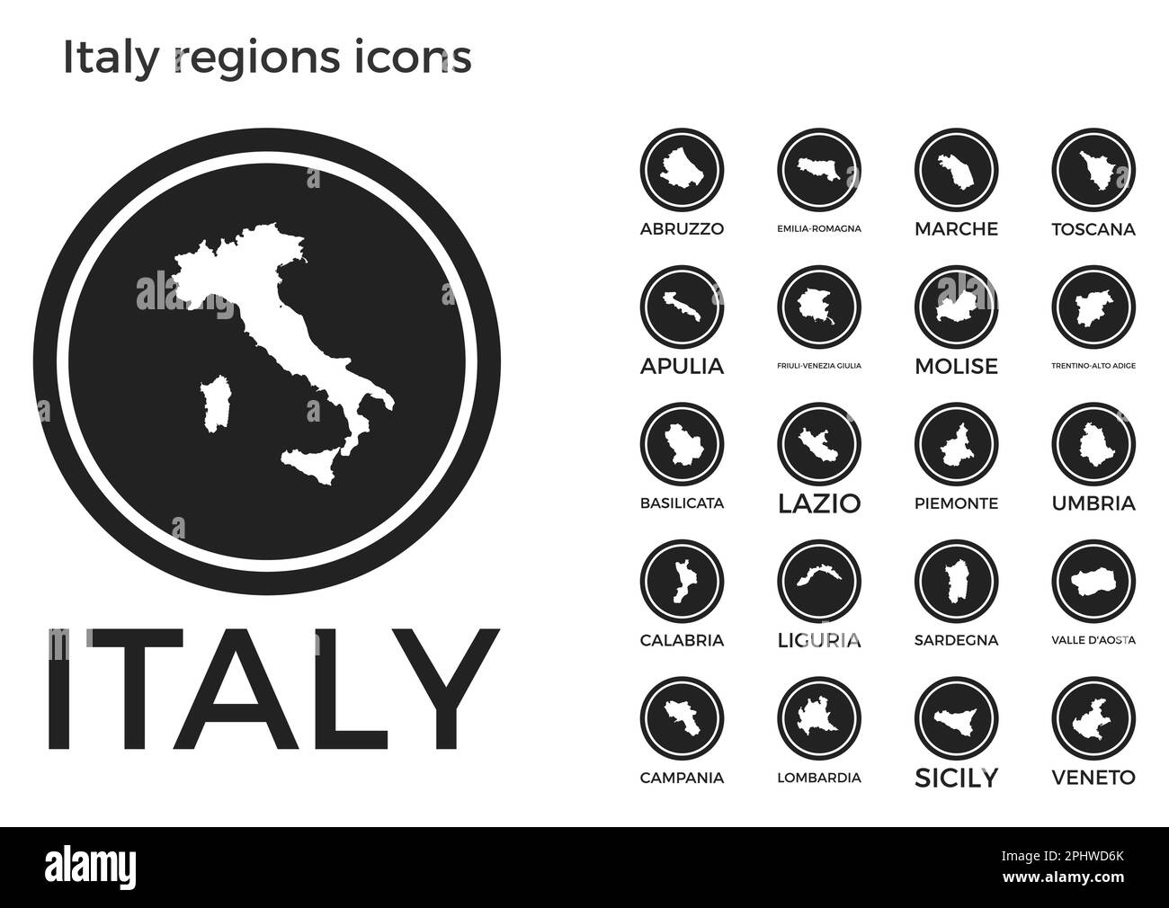 Symbole für Regionen Italien. Schwarze runde Logos mit Landkarten und Titeln. Vektorabbildung. Stock Vektor