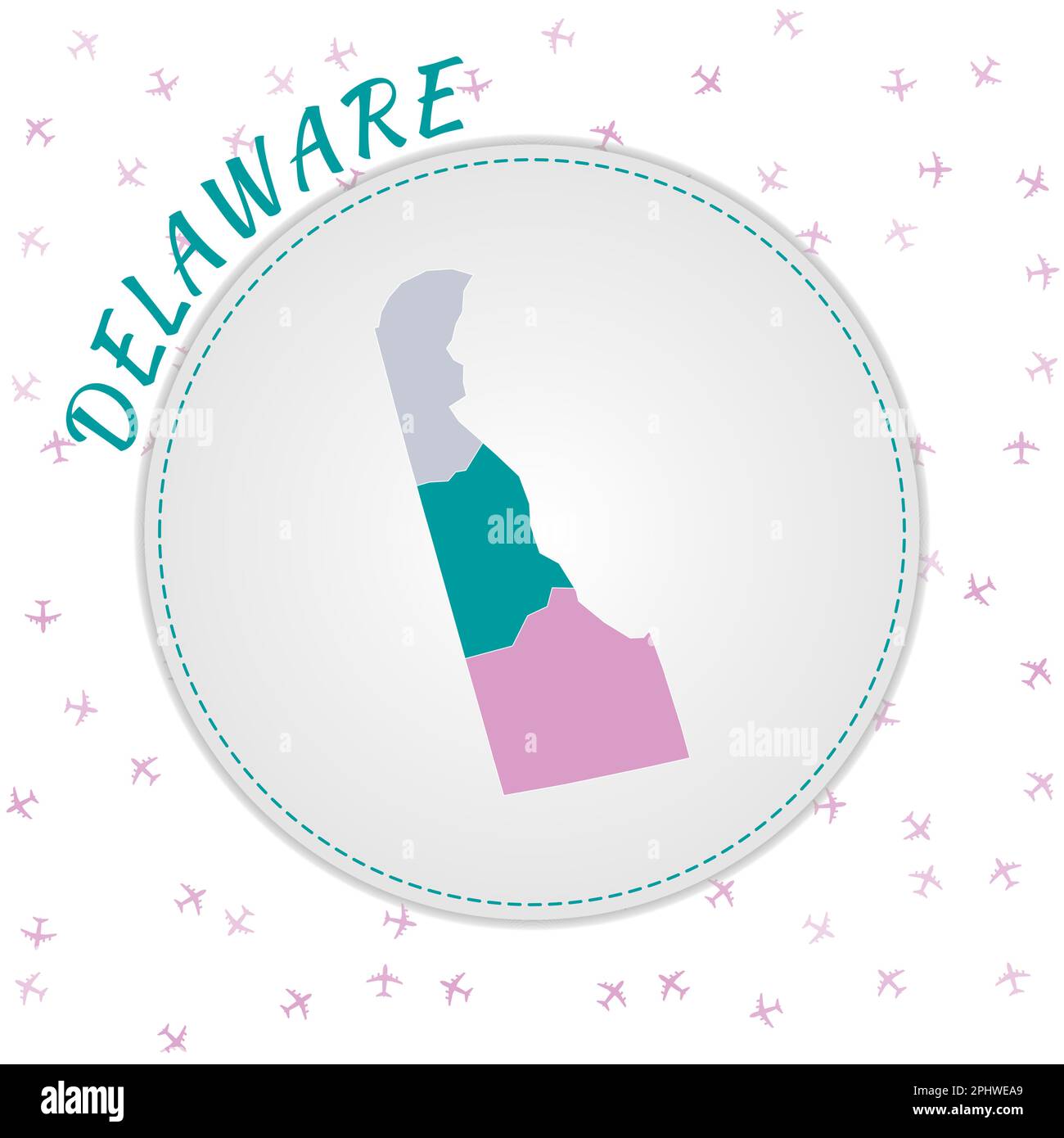 Delaware Kartendesign. Karte des US-Bundesstaates mit Regionen in Smaragd-Amethyst-Farbpalette. Stock Vektor