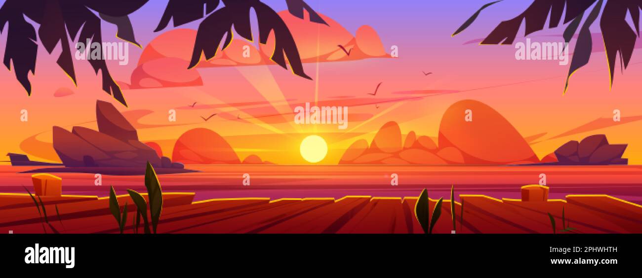 Wunderschöner Sonnenuntergang über dem Meer vom hölzernen Pier. Vektor-Cartoon-Illustration einer fantastischen Meereslandschaft mit Sonnenaufgang oder Sonnenuntergang am Horizont, Vögel fliegen Stock Vektor