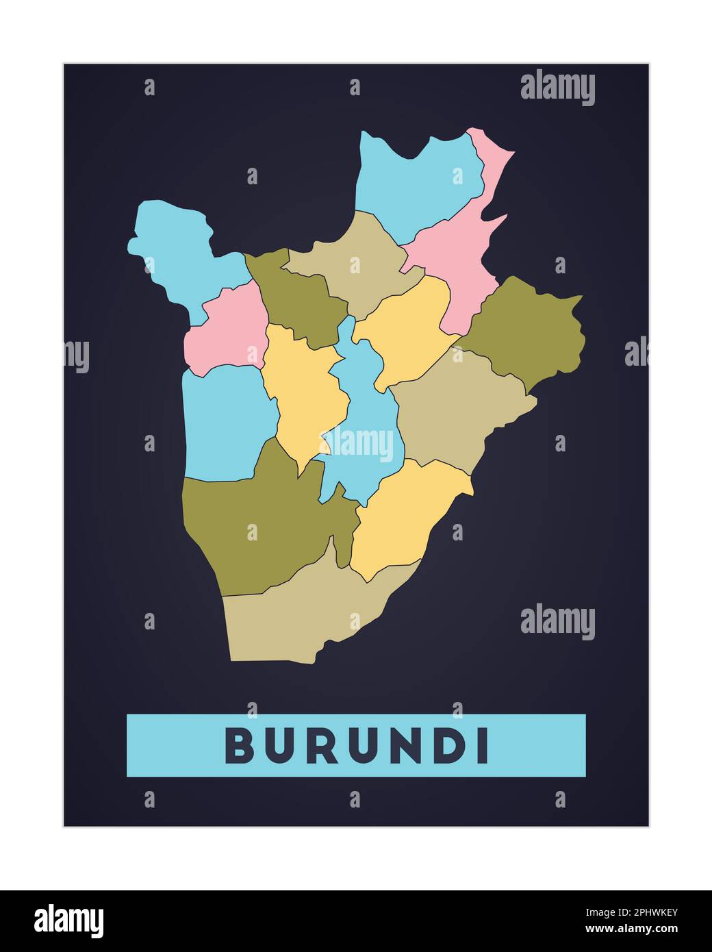 Burundi Karte. Länderposter mit Regionen. Form von Burundi mit Ländername. Illustration des Strahlungsvektors. Stock Vektor