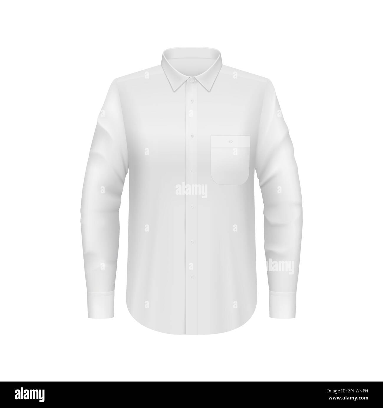 Weißes Herrenhemd-Modell, 3D formelles Männerkleid mit langen Ärmeln, Vorderansicht. Isolierter Vektor-Motiv in maßgeschneiderter Passform mit Details und Material Stock Vektor