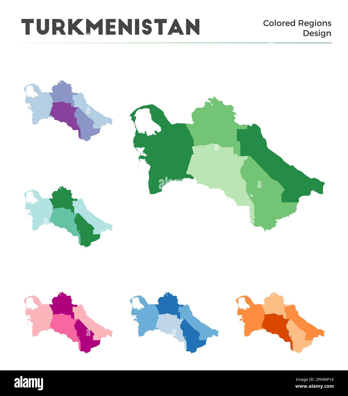 Kartensammlung Turkmenistan. Grenzen Turkmenistans für Ihre Infografik. Farbige Länderregionen. Vektorabbildung. Stock Vektor