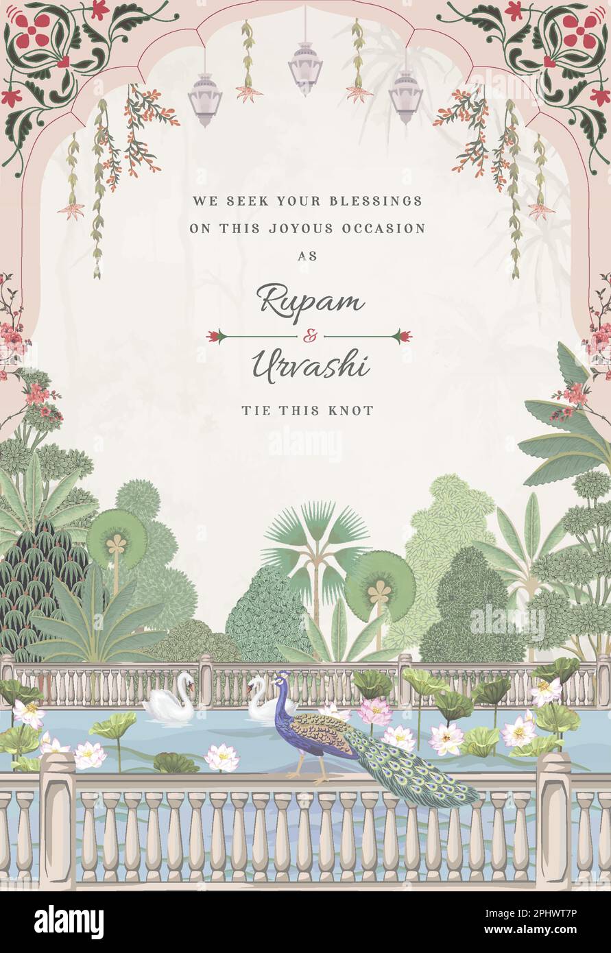 Traditionelles Mogul-Hochzeitskartendesign. Einladungskarte zum Drucken von Vektorbildern. Stock Vektor